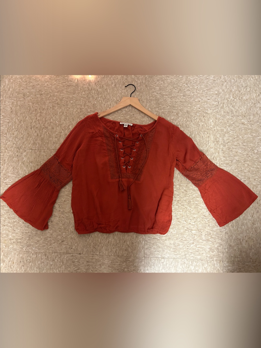 American Eagle Outfitters Rust Lace-Up Bell Sleeve Top